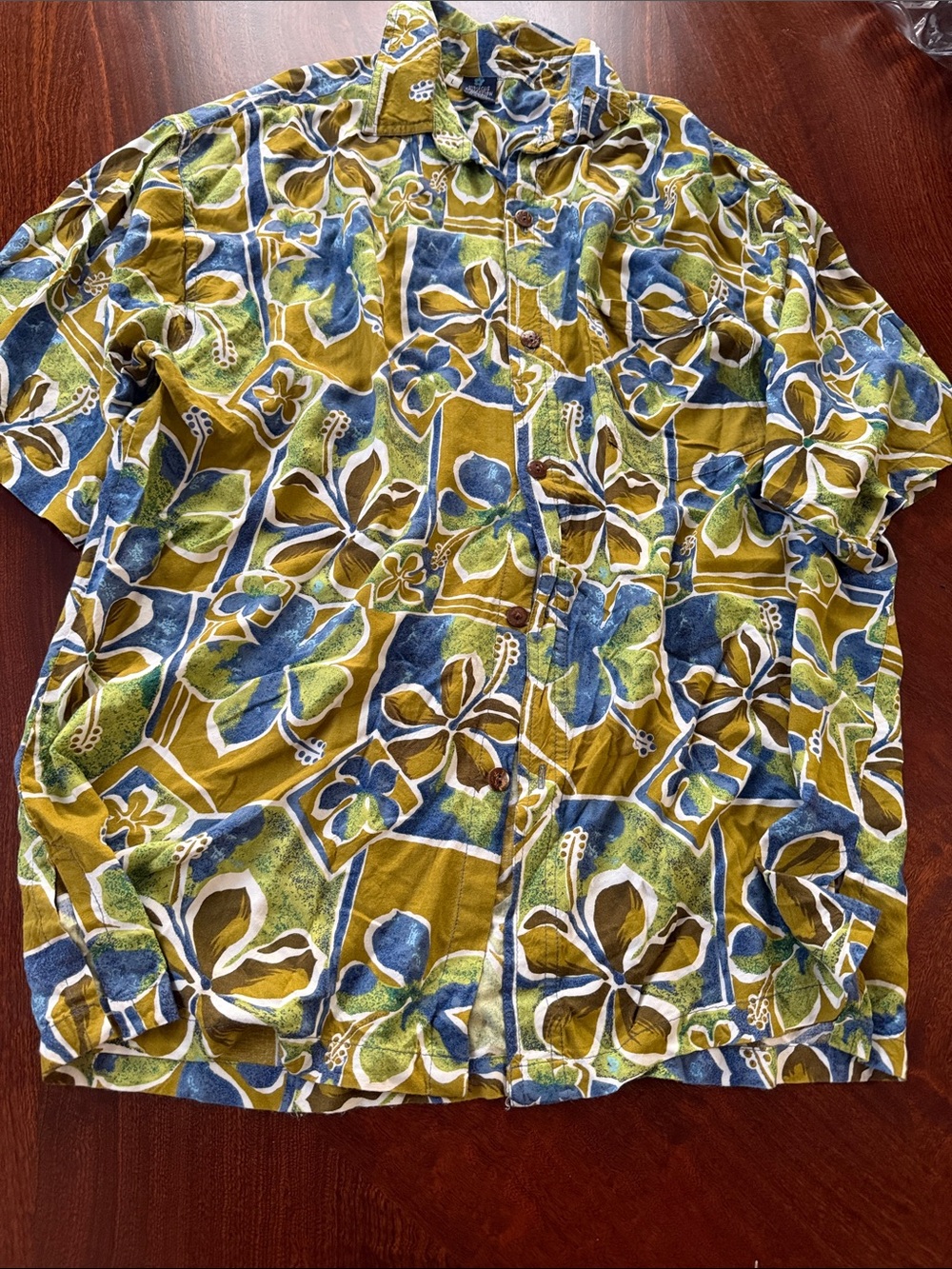 Hibiscus Collection Hawaii Rayon Green Print Short Sleeve Shirt Size:L